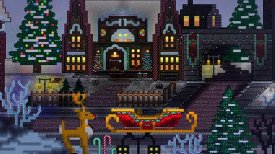 Terraria Christmas build - 'Forestia' by Lady Forestia, featuring a giant Santa's sleigh and Rudolph in the foreground with a huge christmas tree by lit-up buildings at the back
