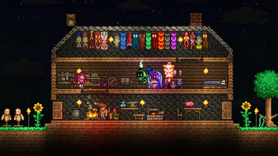 Terraria Steam success 2022 - a three-storey house in the sandbox game, filled with crafting tools and NPCs