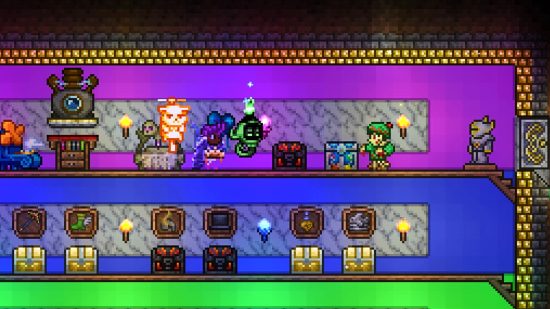 Terraria Steam success 2022 - a multicoloured room filled with chests, where a Christmas-themed Zombie approaches the player