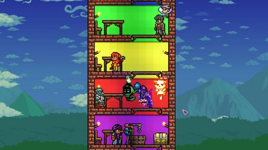 Terraria Steam success 2022 - a tower of NPC helpers in various coloured rooms