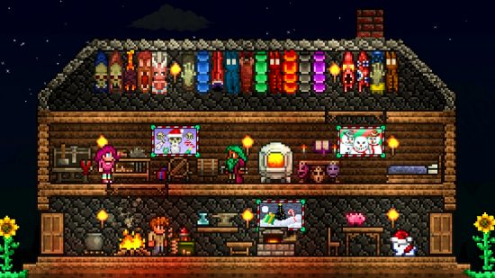 Terraria update 1.4.5 paused for December break - a Terraria house featuring several festive paintings of snowmen, Skeletron in a Santa hat, and a Christmas tree, along with a bunny in a Santa hat in the corner