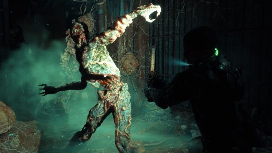The Callisto Protocol review: Jacob engages the biophage in combat, its humanoid body corrupted into a horrific facsimile as it rears back to attack, while Jacob brandishes his stun baton.