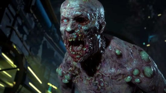 The Callisto Protocol weapons: A biophage mutant covered in corrupted blisters and tentacles, advancing forwards with a missing eye and teeth.
