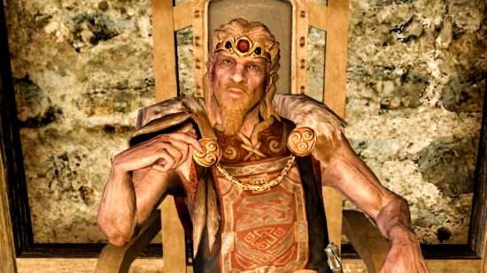 The Elder Scrolls V: Skyrim - Jarl Balgruuf sits in his throne, one elbow resting on the arm