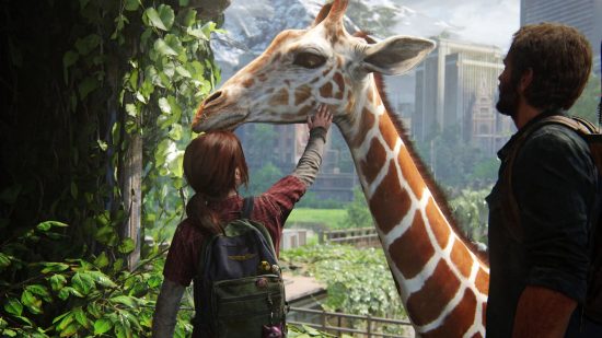 The Last of Us PC release date: Ellie pets a giraffe as Joel looks on.