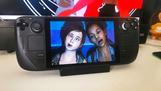 The Last of Us Steam Deck: handheld on dock with Ellie and Riley on screen