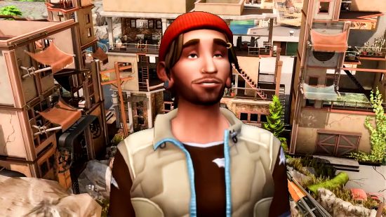 The Sims 4 build - a man in an orange beanie, backed by Sims 4 abandoned building by Mitasims98