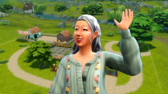 The Sims 4 underground build - a lady in a cardigan waves in front of a farm lot
