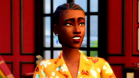 The Sims 4 total hours played 2022 - a Sim wearing an orange floral shirt grins widely