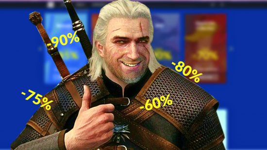 The Witcher 3, Cyberpunk 2077, and more practically free games on GOG: the background is a blurred image of the GOG sale page, with geralt with a thumbs up smiling in the foreground, alongside some yellow percentage discounts floating around the screen
