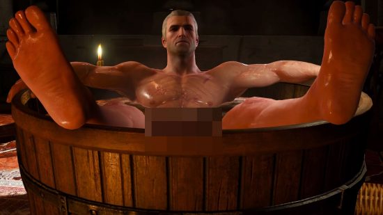 The Witcher 3 - Geralt in the bath, with pixelation over his crotch area