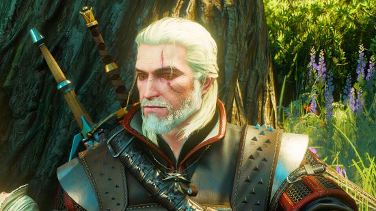 The Witcher 3 next-gen update is also being updated, but not by CDPR. A bearded and silver-haired wizard, Geralt from The Witcher, sits against a tree