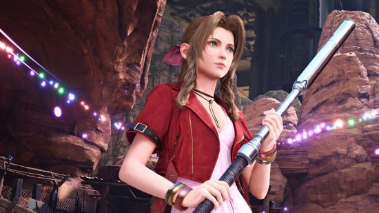 The Witcher Remake and others should pull an FF7 and make big changes: aerith in her iconic pink dress and red jacket holding a silver staff, with brown rocks behind her