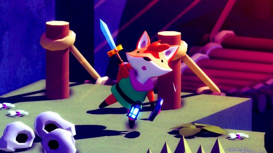 Tunic's fox holds a sword up in the air above their head