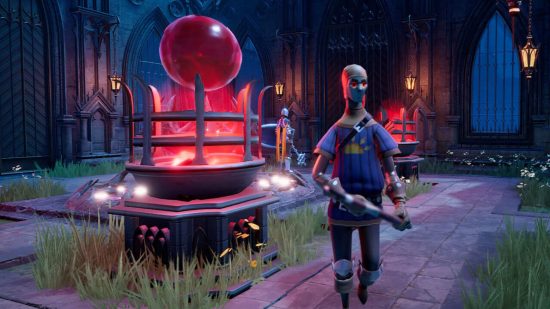 V Rising expansion: An automaton guard in padded armour stands watch next to a red orb floating above a brazier in a castle courtyard