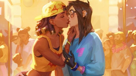 Valorant characters Killjoy and Raze are officially queer. Valorant characters share a kiss against a yellow backdrop in the Riot FPS game