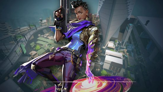 A black woman with a dreadlock mohawk holds a huge fun in her right hand where her left hand is by her side creating a super nova on a city background