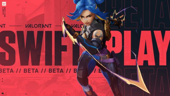 Valorant 5.12 patch notes: Blue-haired Neon appears running forward in a piece of key art for Valorant's Swiftplay beta update