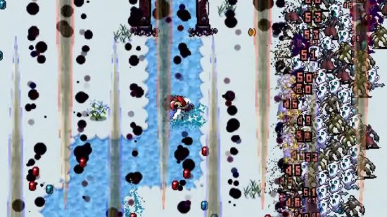Vampire Survivors DLC patch 1.2.0: A warrior in red-trimmed white robes unleashes dark smoky spikes from the top and bottom of the screen, devastating a horde of pixelated monsters in a top-down view of Vampire Survivors' new snowy area in Mt Moonspell