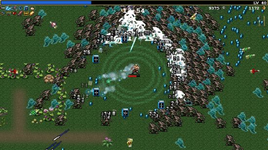 A swarm of enemies surround the Vampire Survivors player