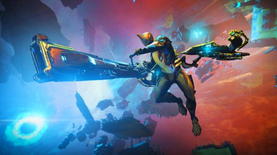 Warframe crossplay is finally here as free Steam game gets new update: A space warrior with a long railgun leaps through the air in free Steam game Warframe