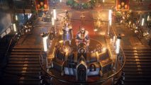 Warhammer 40k Rogue Trader alpha release date: A captain and first mate stand at the bridge of an elaborate and ornate spaceship accented in gold and rich red fabric