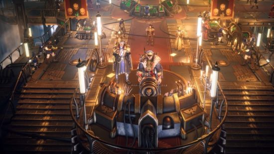 Warhammer 40k Rogue Trader alpha release date: A captain and first mate stand at the bridge of an elaborate and ornate spaceship accented in gold and rich red fabric