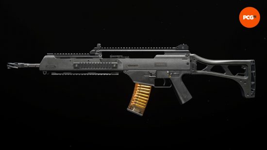 A preview of the base Holger 556, one of the best Warzone ARs, on a black background.