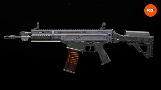 A preview of the base MTZ 556, one of the best Warzone ARs, on a black background.