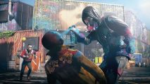 Watch Dogs Legion Steam release date: A hooded figure in a gas mask sprays blue paint into the eyes of an enemy wearing a high-collared coat