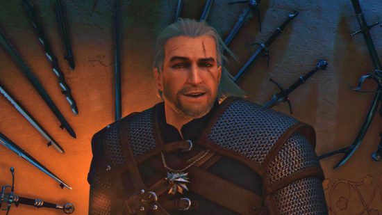 Witcher 3 next-gen to reimburse and credit modders used: Geralt, with his chainmail and leather armour and while hair, stands in front of a lit up wall of swords