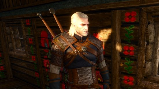 The Witcher 3 sex number bug: Geralt of Rivia wearing chain and leather armour standing in a rural inn, with a beam of sunlight illuminating his face