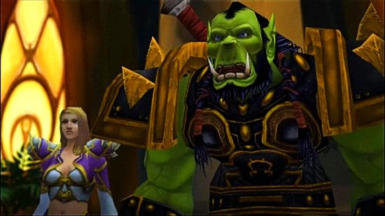 Chris Metzen returns to World of Warcraft: Orc Thrall gasps as Jaina looks on in an old cinematic cutscene from World of Warcraft
