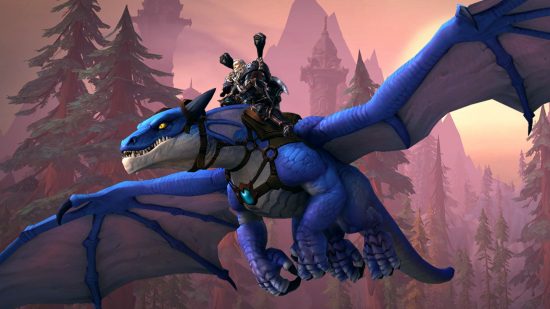 WoW Dragonflight 2023 roadmap: A warrior rides on the back of a blue dragon over a forest of fir trees bathed in pink mist