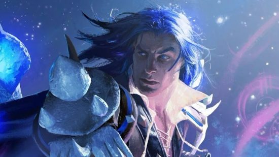 WoW Dragonflight Azure Span zone is unplayable, and it's a mess: A man with shiny blue hair looks over his shoulder casting a blue spell whilst wearing spiked armour