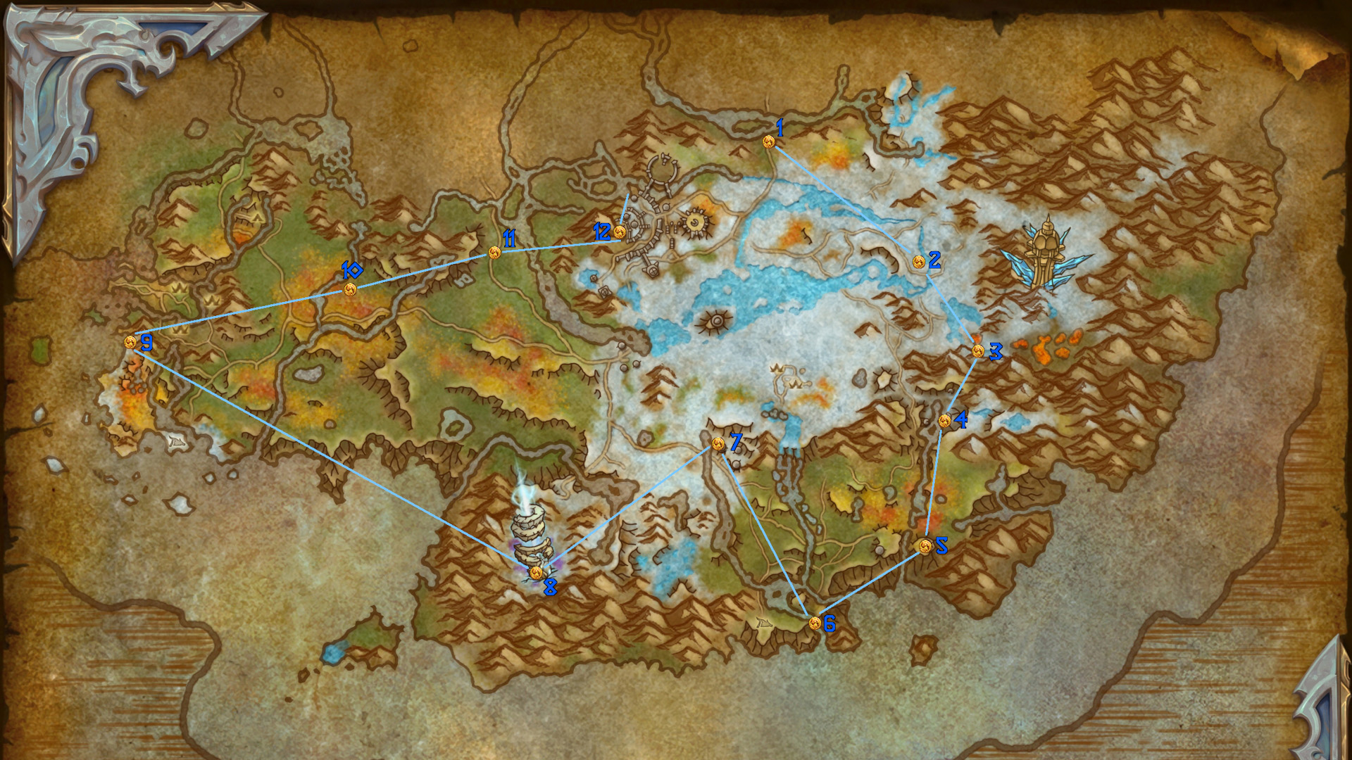 De World of Warcraft Dragonflight -kaart van de Azure -span met pinnen die de Dragon Glyphs benadrukken
