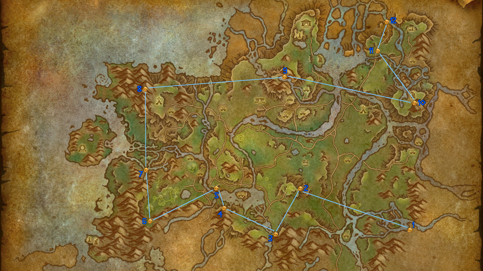 वर्ल्ड ऑफ वॉरक्राफ्ट ड्रॅगनफ्लाइट नकाशा ओशरानसह पिनसह ड्रॅगन ग्लिफ्स हायलाइट करीत आहे