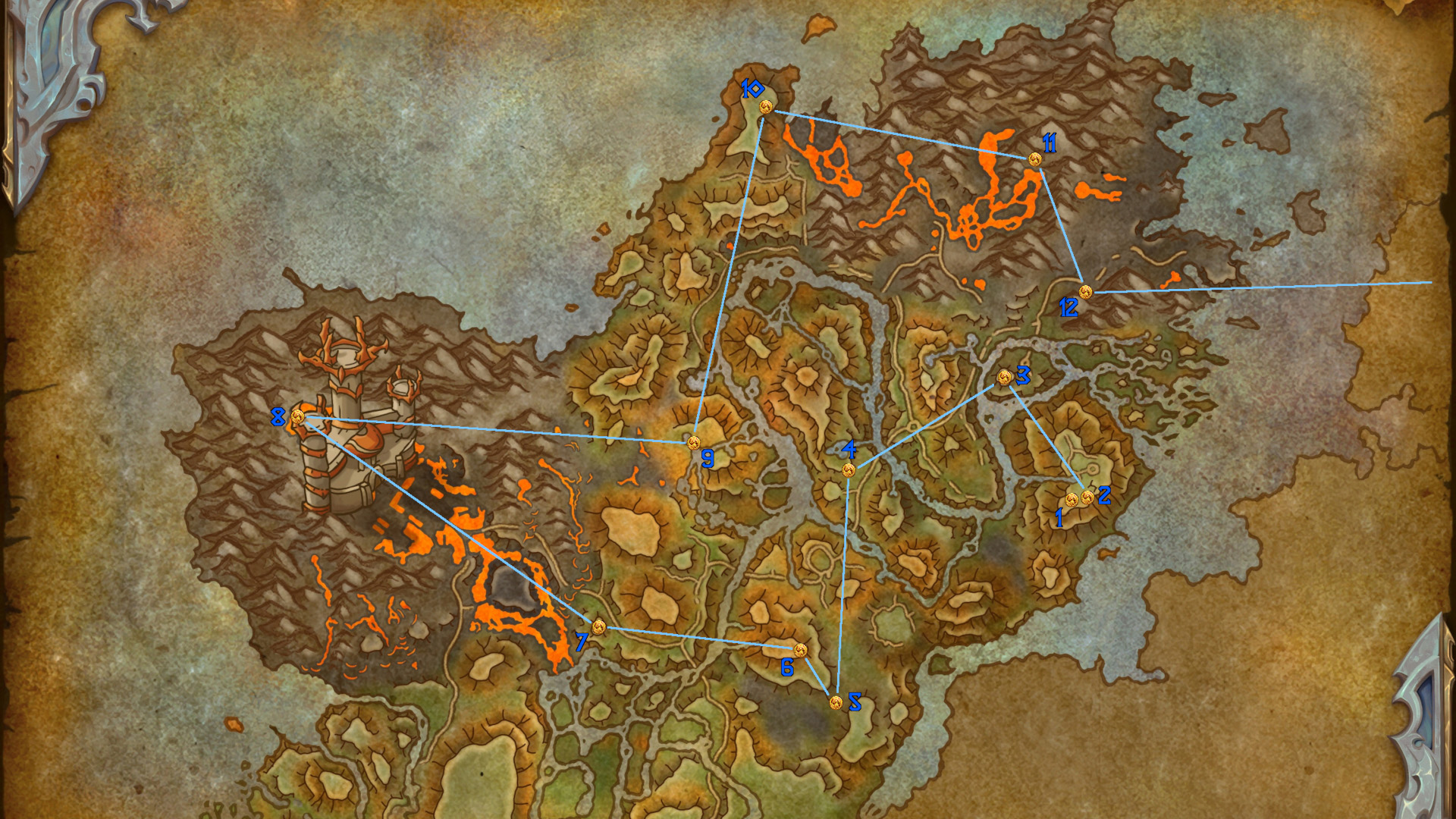 World of Warcraft Dragonflight Map of the Waking Shores z szpinami podkreślającymi smocze glify