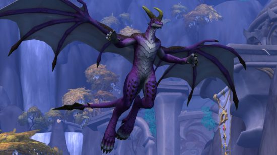 WoW Dragonflight's best feature is the fact you don't need to log in: A purple bipedal dragon soars through the air of ancient runes