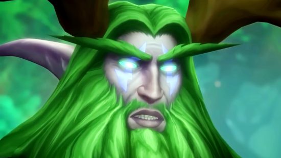 WoW Dragonflight patch 10.0.5 PTR - Malfurion Stormrage, a night elf with long green hair and beard, grits his teeth