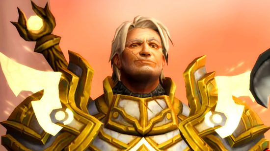 WoW Dragonflight patch notes - High Exarch Turalyon, a stubbled man with white hair in full white and gold armour, looking smug