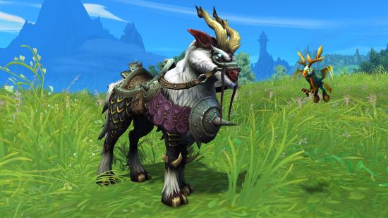 WoW Dragonflight Twitch drops give free Race to World First loot: A horse with horns wearing vine-like reigns and a muzzle stands in green fields with a small birdlike creature next to it