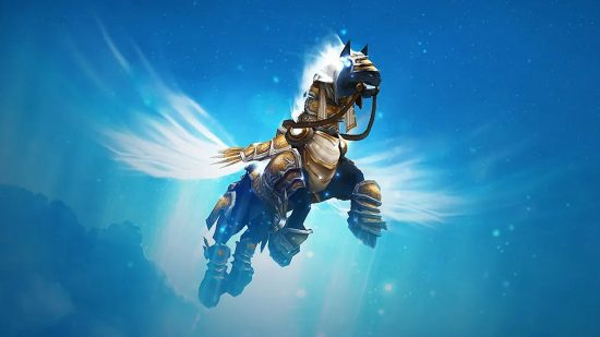 WoW mount Tyrael's Charger is no longer exclusive, you can just buy it: A horse with glowing blue eyes and golden armour soars through a blue sky on wispy white wings