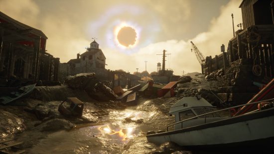 Ngày phát hành Redfall: Một lòng sông khô cạn cho thấy các tàu trên bãi biển và một mặt trời bị chặn trên bầu trời