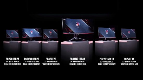 The six Asrock Phamtom gaming monitors showcased on pedestals side-by-side with specs listed underneath