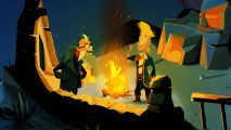 Best puzzle games - Guybrush Threepwood is talking to an old man next to a fire.