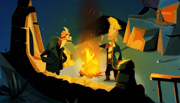 Best puzzle games - Guybrush Threepwood is talking to an old man next to a fire.