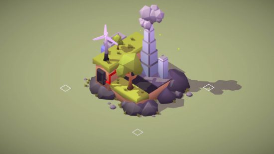 Best puzzle games - a small island with a windmill and a tower block.