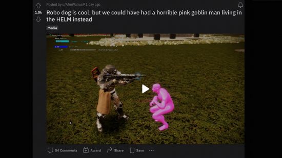 De exo-dog van Destiny 2 heeft een humoristische naam en achtergrondverhaal: een screenshot van een Reddit-bericht waarin een roze personagemodel wordt opgemerkt.