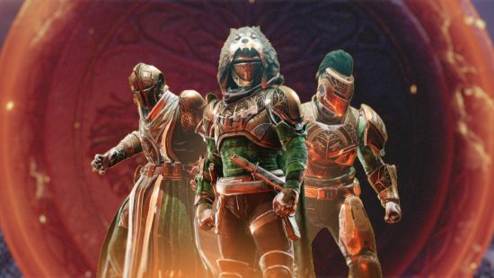Destiny 2 will get more Iron Banner and Grandmaster Nightfall changes: Three Guardians show off Iron Banner seasonal gear amidst the backdrop of the Iron Banner logo.